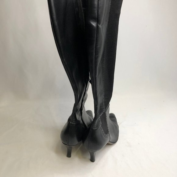 Audrey Brooke Black Leather Boots Heels - Picture 4 of 7